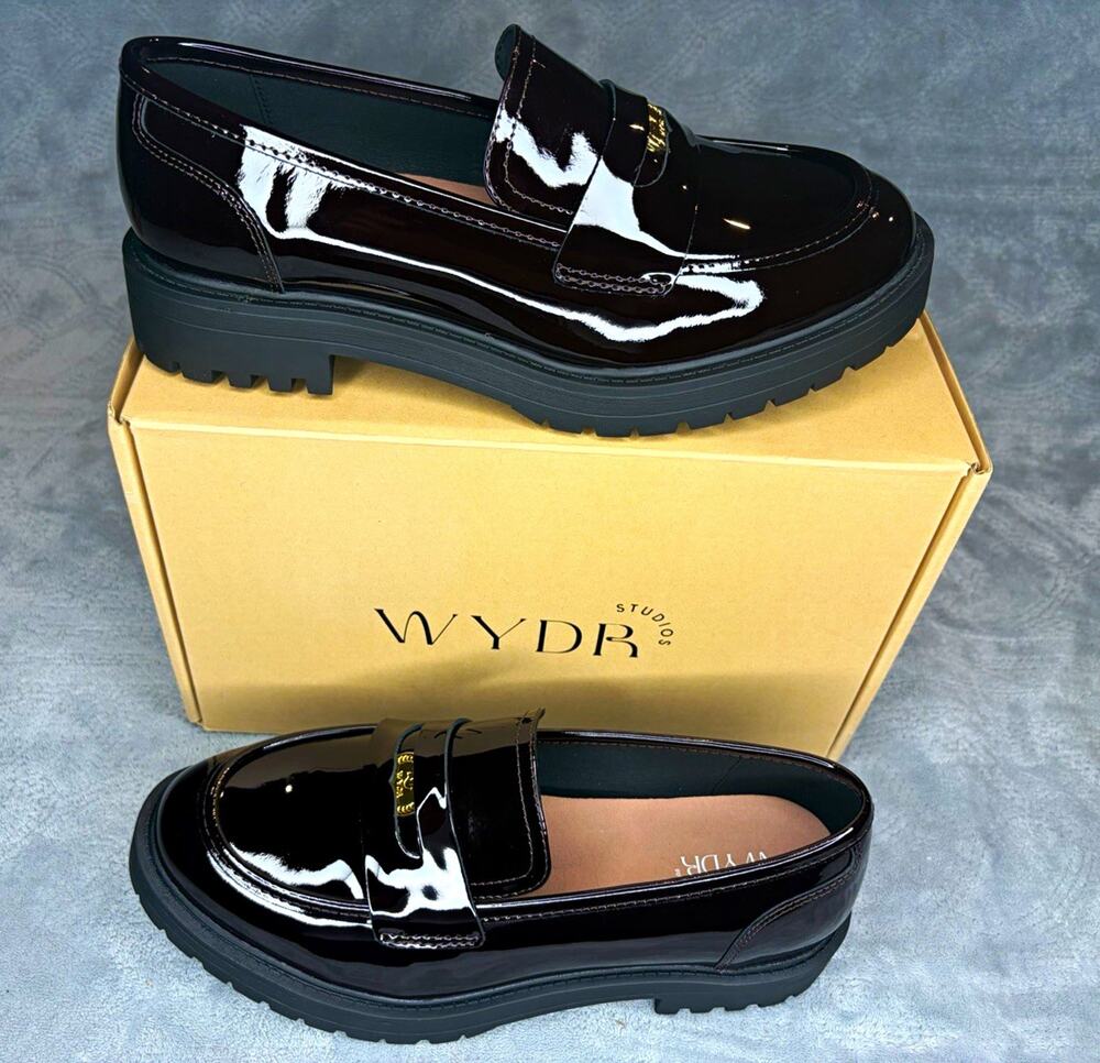 WYDR Studios Sam Lucky Penny Loafers Burgundy Patent Leather Women 10.5WW NIB